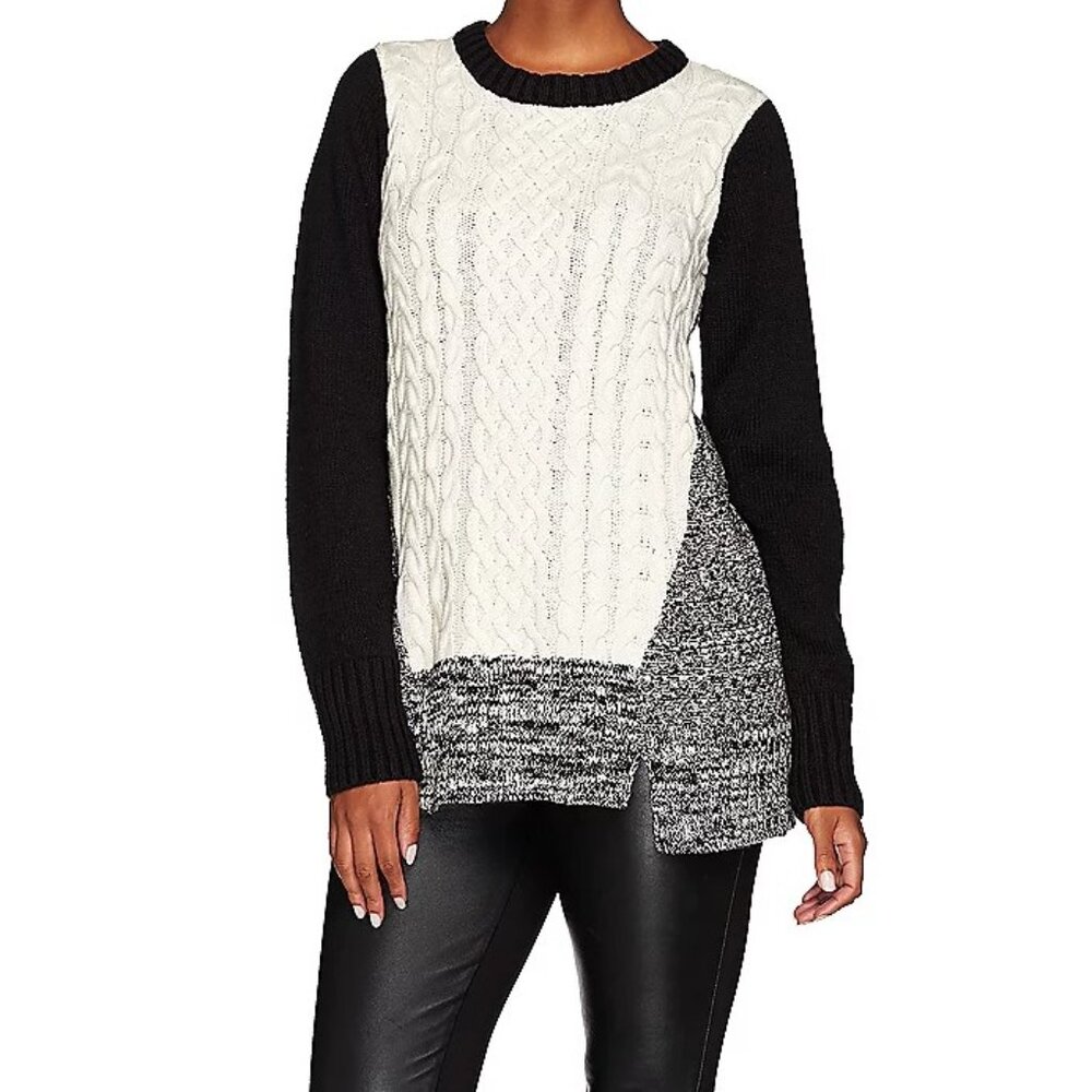 LOGO by Lori Goldstein Chunky  Color-Block Cable Knit Sweater